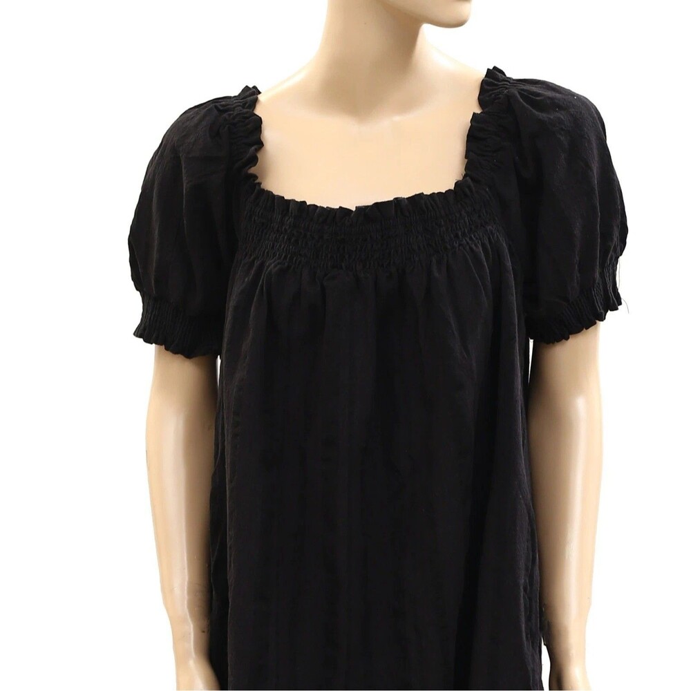 Free People Est Mila Mini Dress Smocked Puff Sleeve Shift Black XS 285477 - Picture 6 of 8